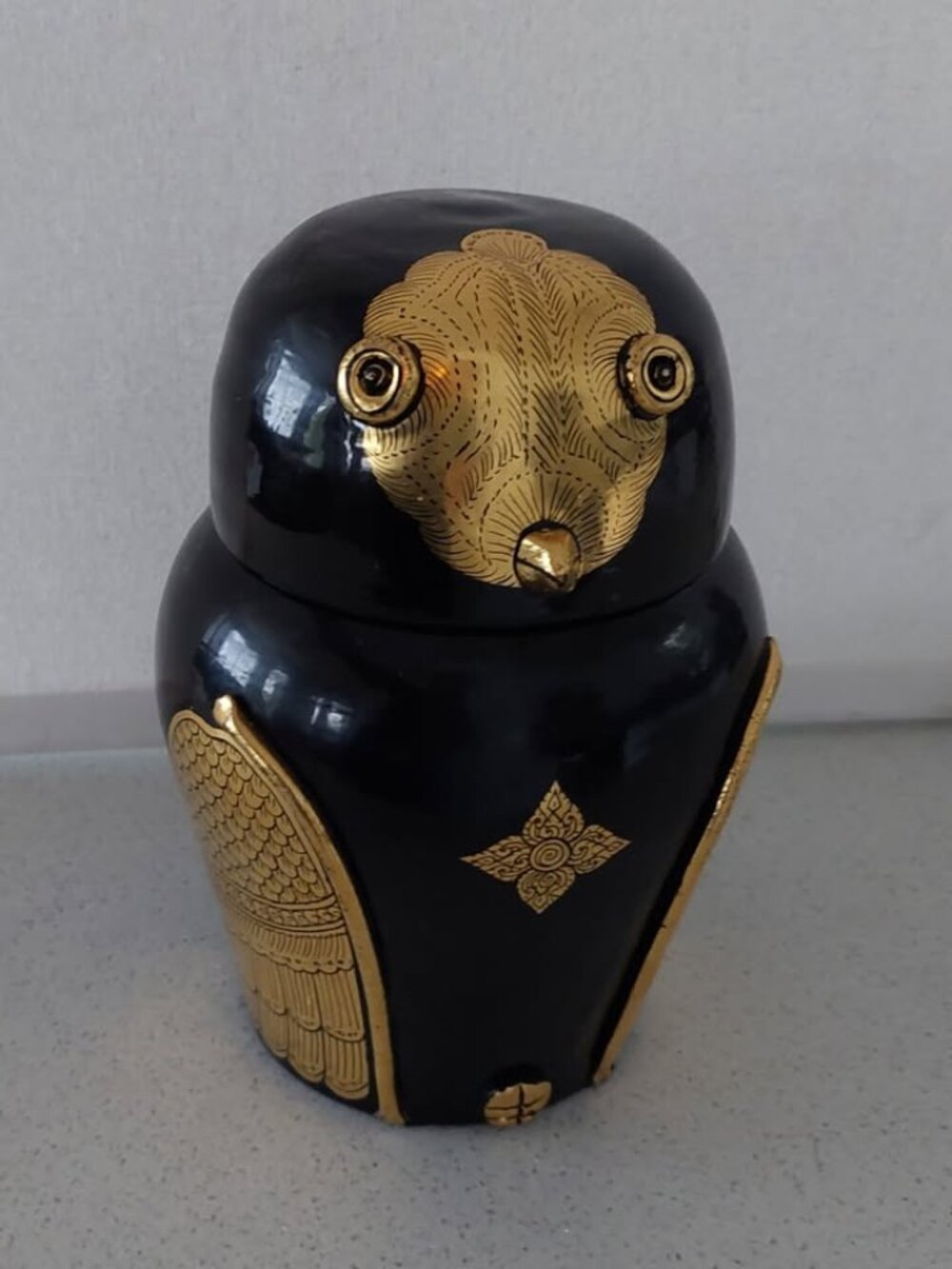 Vtg Lacquered Figural Large Owl Lidded Canister Box 7.5" Black Gold Gilded